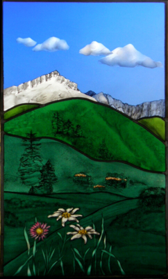 Glasmalerei Sattler - Gemaltes Glasbild der Zugspitze, Glasmalerei, Bleiverglasung