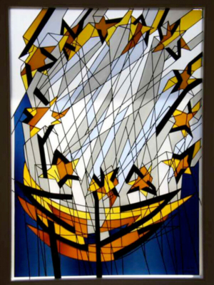 Kirchengemeinde Mariabrunn, Glasmalereifenster mit auflaminierten Farbgläsern des Gemeindesaals, Entwurf: Diether F. Domes, Ausführung: Glasmalerei Sattler